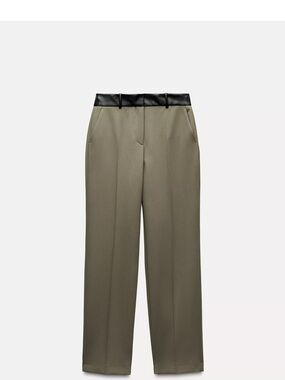 Zara Olive Wide-Leg Trousers with Black Contrast Waistband